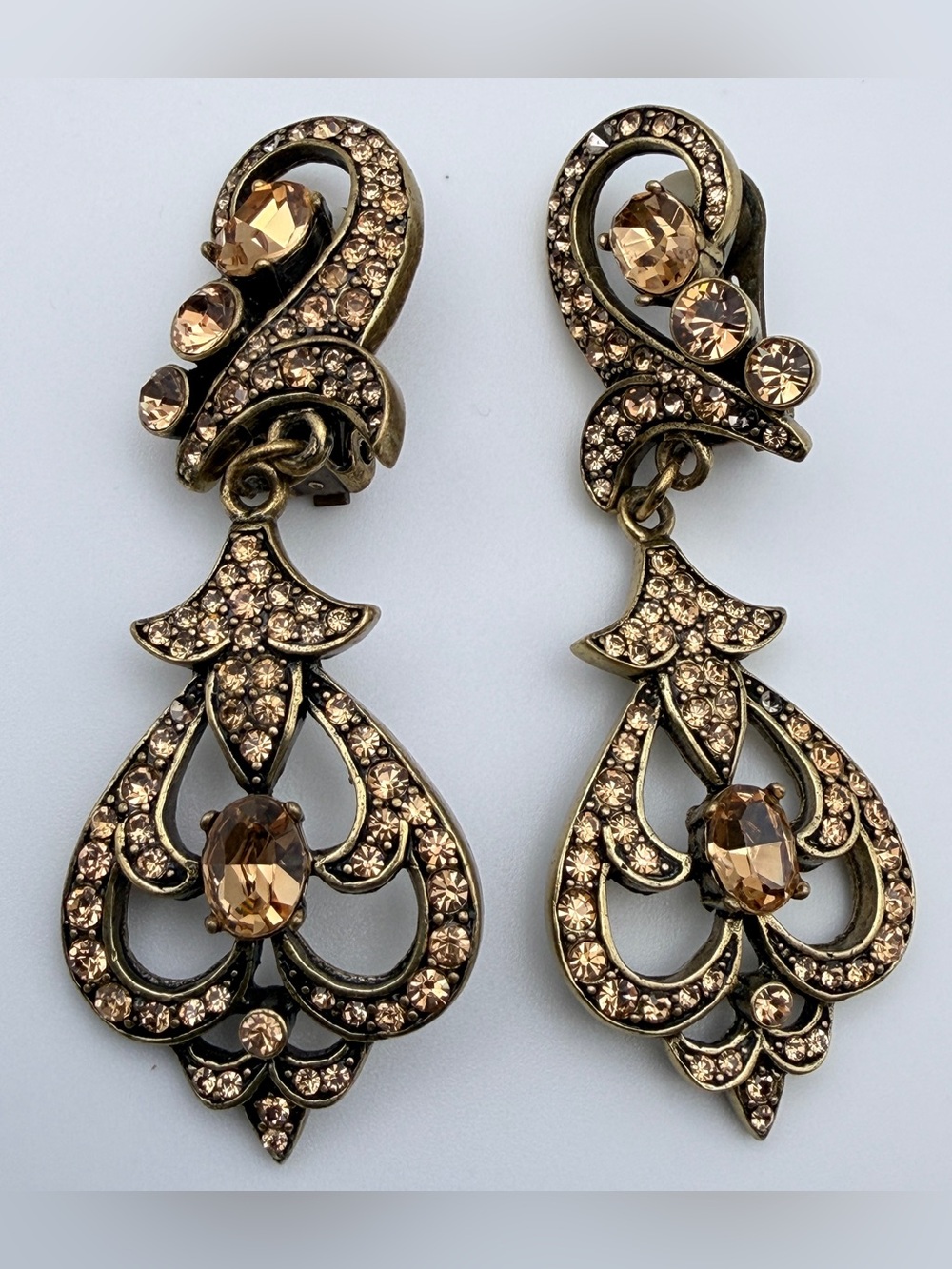 VTG Heidi Daus Champagne Swarovski Topaz Crystal Drop Clip On Earrings Retired